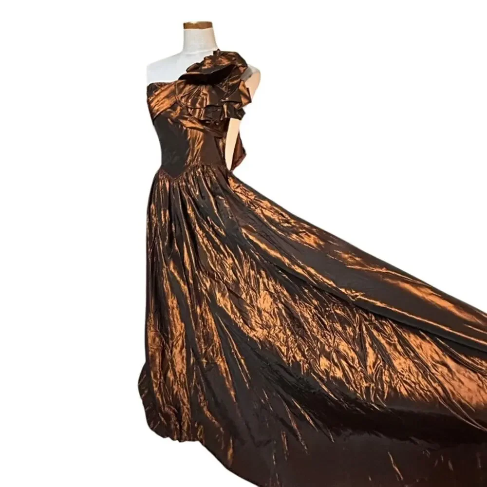Vintage Fred Perlberg Dance Originals Copper Taffeta Ballgown One Shoulder SM